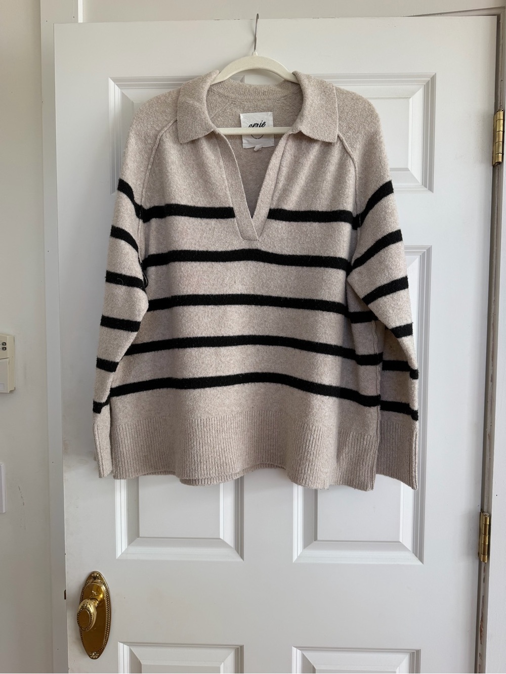 aerie Beige and Black Striped V‑Neck Polo Sweater